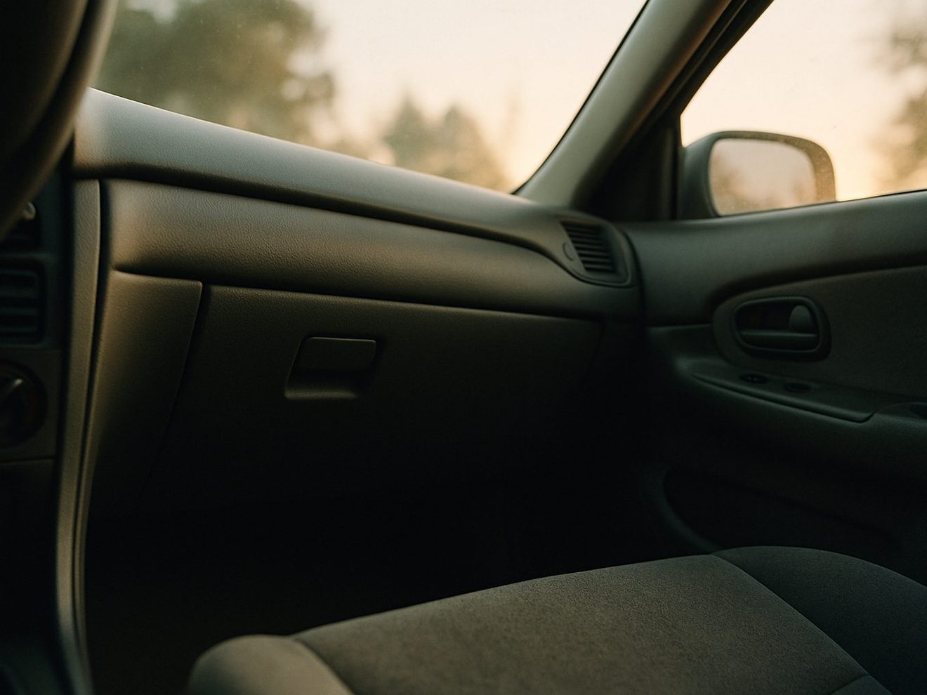 The lower edge of a car dashboard and glovebox seen from the passenger footwell at dusk.