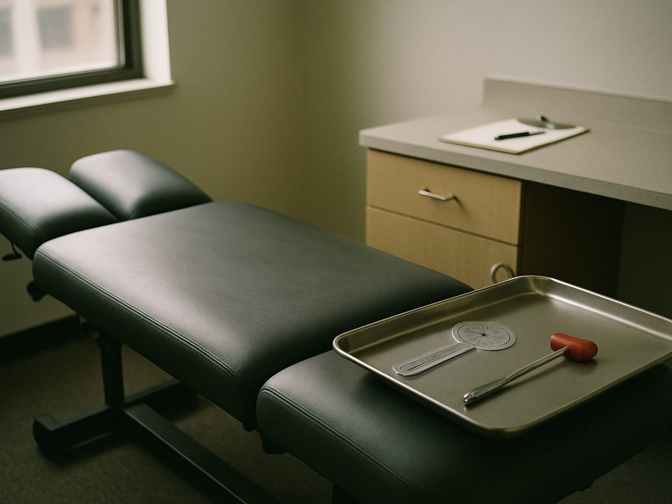 A chiropractic exam room with a padded table, a steel tray holding a goniometer and a reflex hammer, and a clipboard on the counter.