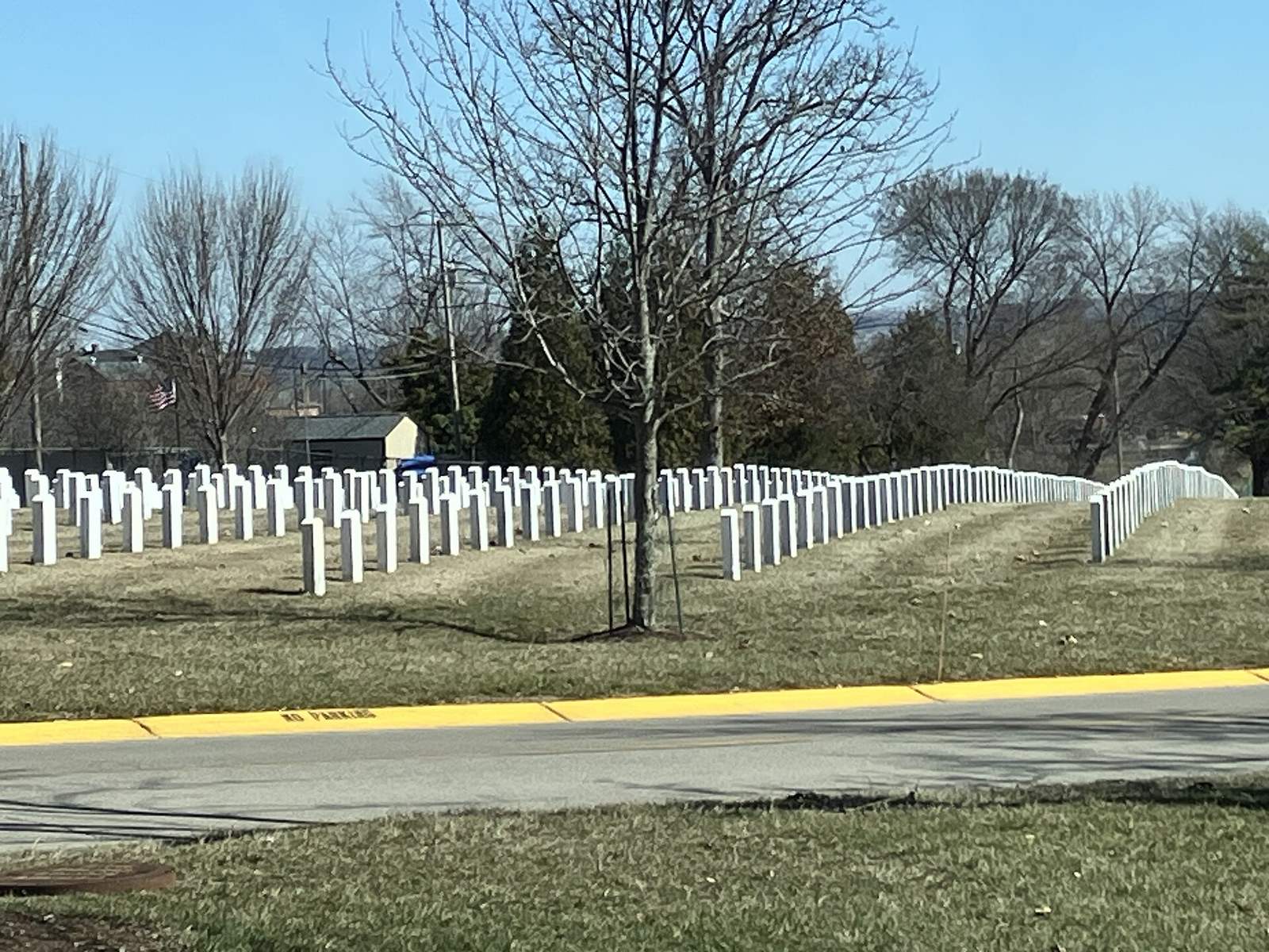 Rows of white headstones under bare trees at Jefferson Barracks National Cemetery in south St. Louis County.
