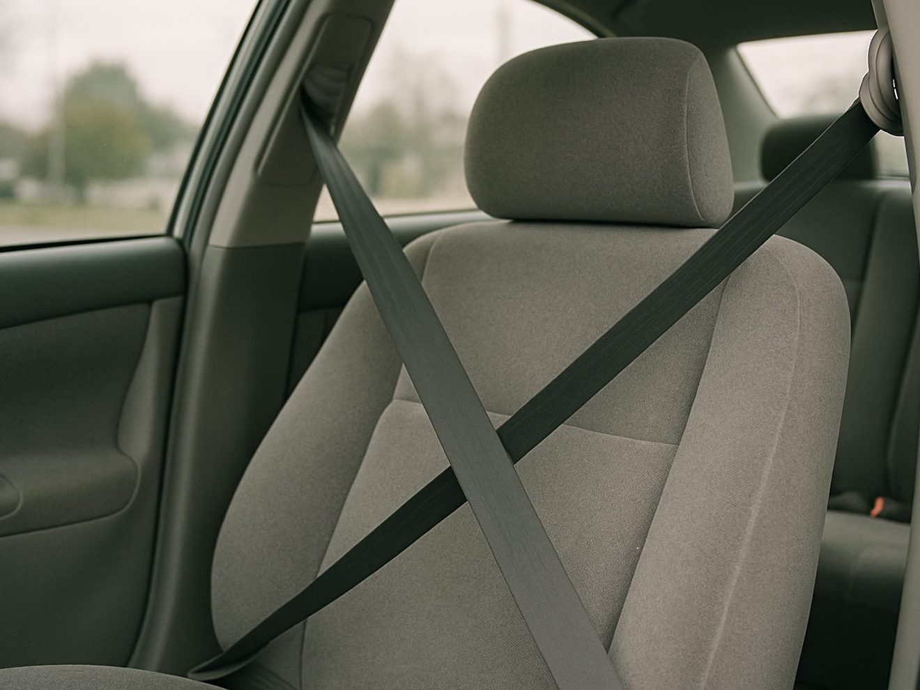 A seat belt crossing an empty grey cloth driver's seat in a parked sedan, shoulder anchor visible at the pillar.