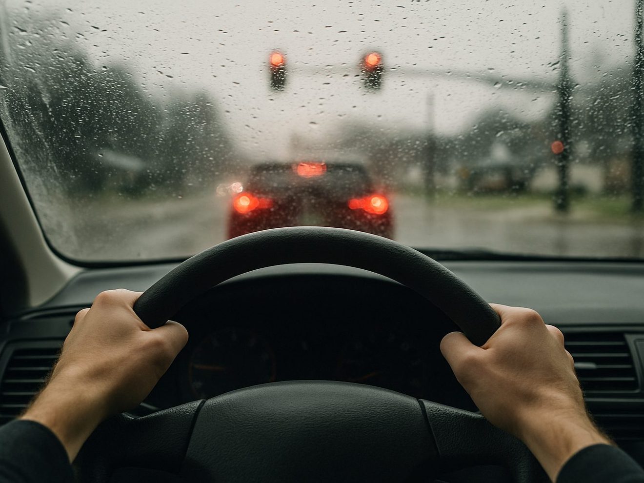 Two hands gripping a steering wheel at a rainy intersection, brake lights blurred ahead through the windshield.